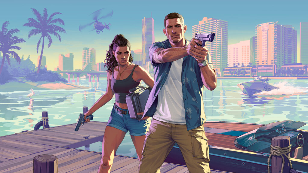 Jason and Lucia on a waterfront dock with a police boat in official GTA VI artwork.