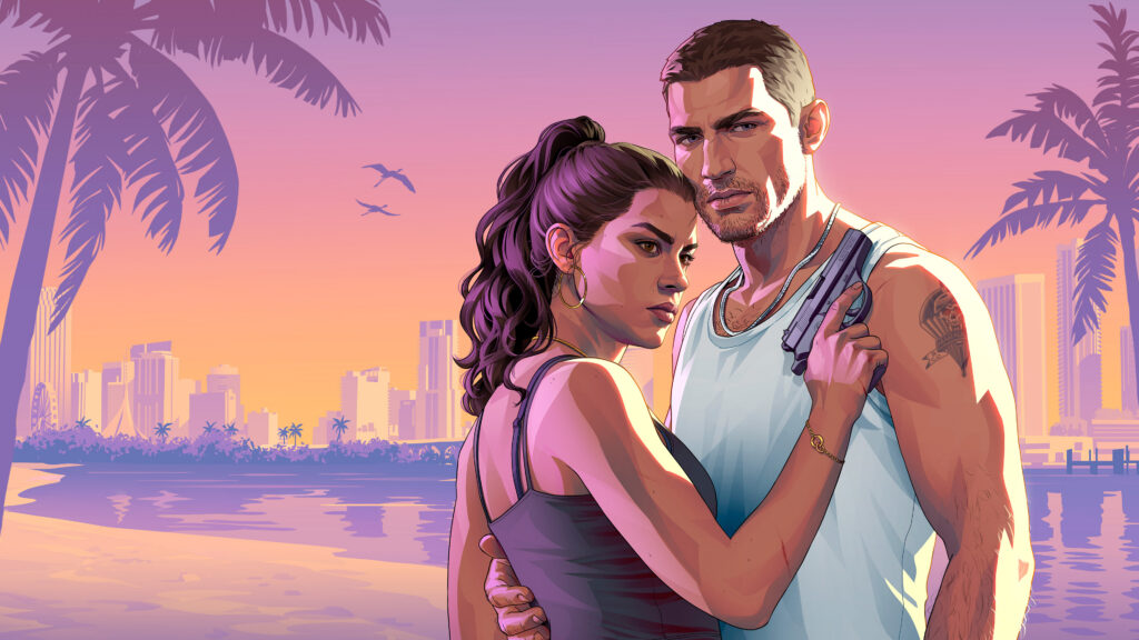 Jason and Lucia beside a beach at sunset in official GTA VI artwork.