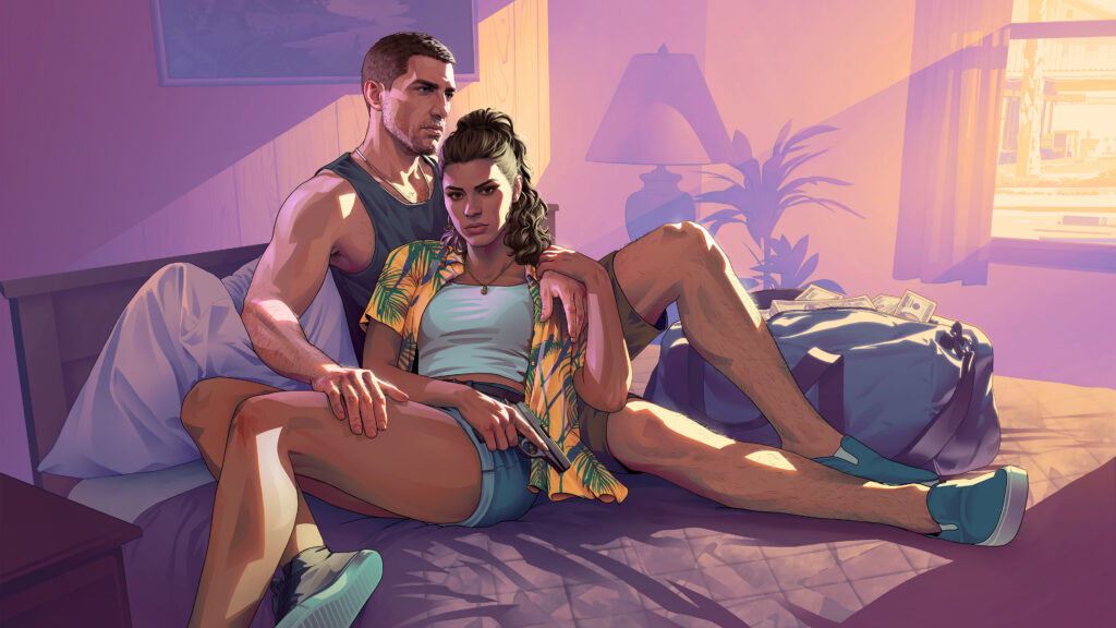 Jason and Lucia sitting together on a motel bed in official GTA VI artwork.