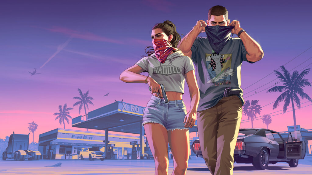 Jason and Lucia outside a gas station at sunset in official GTA VI artwork.
