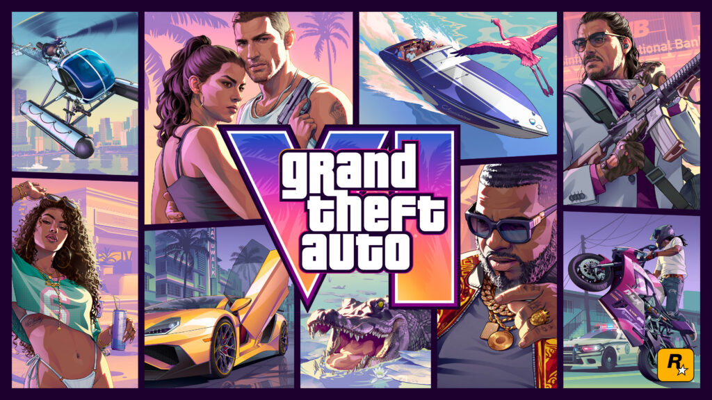 Official GTA VI cover art featuring Jason, Lucia, vehicles and scenes from Leonida.