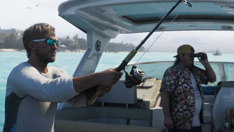 Two men aboard a motorboat in an official Grand Theft Auto VI screenshot by Rockstar Games.