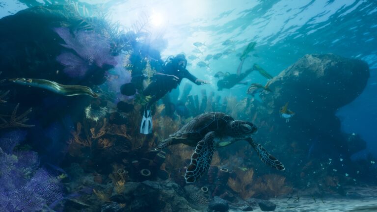 Two scuba divers swimming underwater in an official Grand Theft Auto VI screenshot by Rockstar Games.