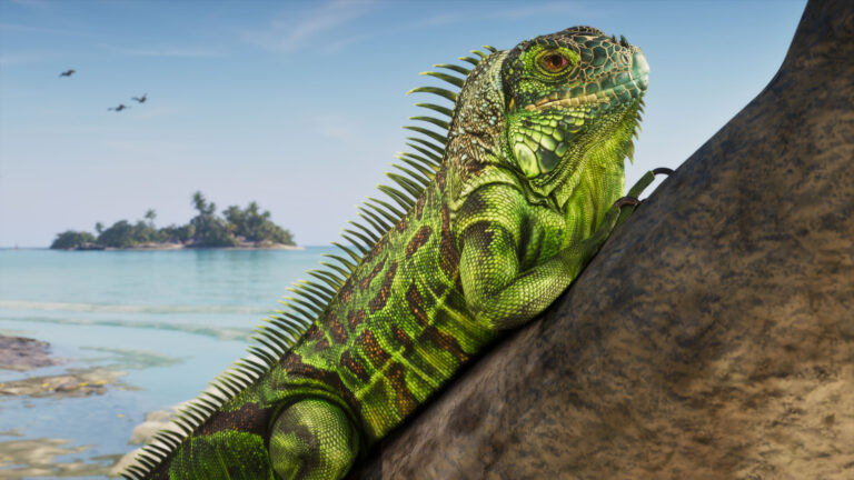 A green iguana beside the water in an official Grand Theft Auto VI screenshot by Rockstar Games.