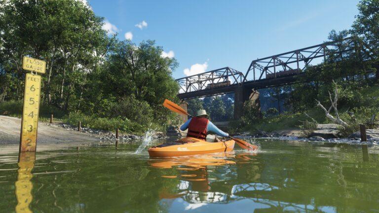 A person kayaking on a river in an official Grand Theft Auto VI screenshot by Rockstar Games.