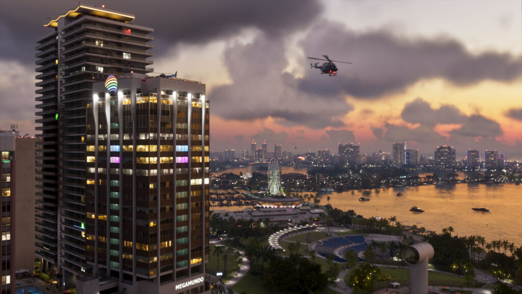 Vice City skyline with helicopters at sunset in an official Grand Theft Auto VI screenshot by Rockstar Games.