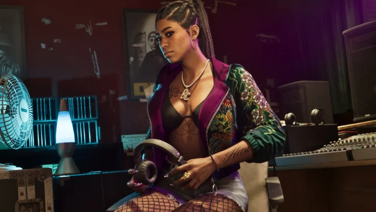 Bae-Luxe seated in a recording studio in an official Grand Theft Auto VI screenshot by Rockstar Games.