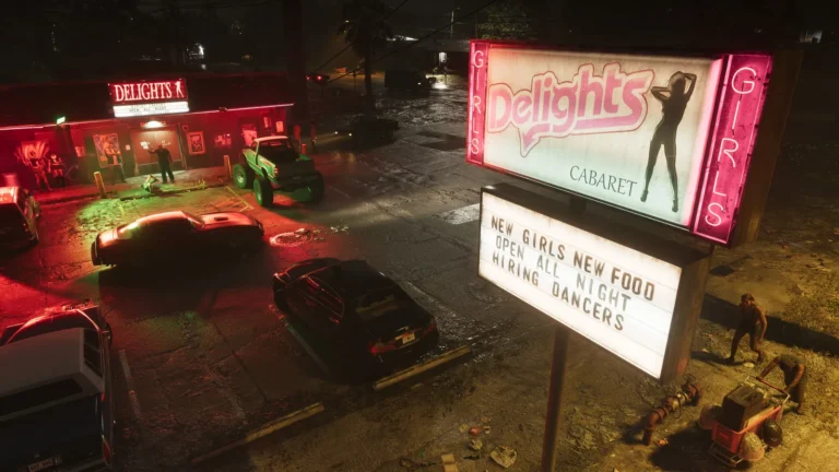 Delights and Cabaret signage in Port Gellhorn in an official Grand Theft Auto VI screenshot by Rockstar Games.