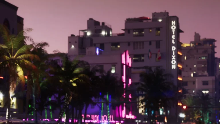 Hotel Dixon sign in a street scene from the official Grand Theft Auto VI Trailer 1 by Rockstar Games.