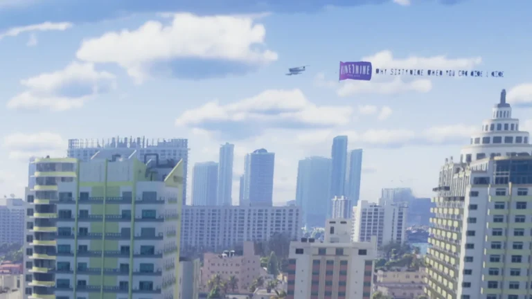 NINE1NINE aerial banner above a city scene in the official Grand Theft Auto VI Trailer 1 by Rockstar Games.