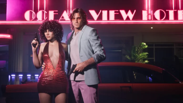 Jason and Lucia outside the Ocean View Hotel in official Grand Theft Auto VI promotional artwork by Rockstar Games.