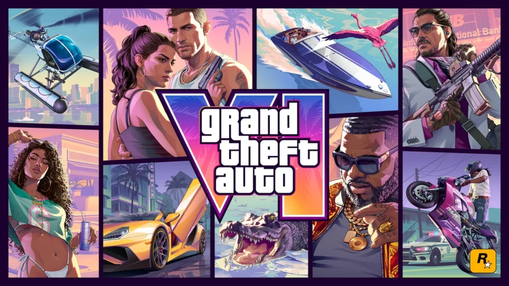 Official GTA VI cover art featuring the main cast and locations
