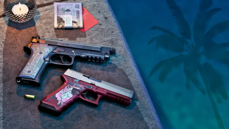 Personalized Girardi ES9 and Klose K17 pistols in official Grand Theft Auto VI promotional imagery by Rockstar Games.