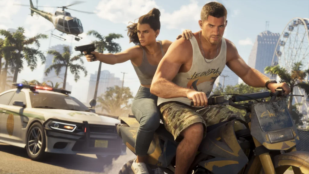 Jason Duval riding an ATV with police vehicles behind him in an official GTA VI screenshot.