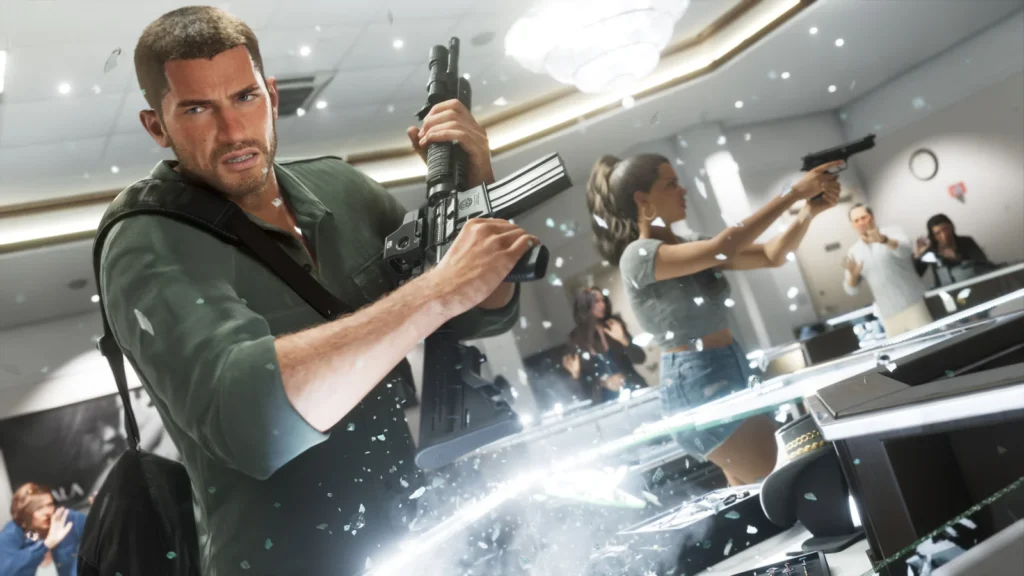 Jason Duval and Lucia Caminos during a jewelry store robbery in an official GTA VI screenshot.
