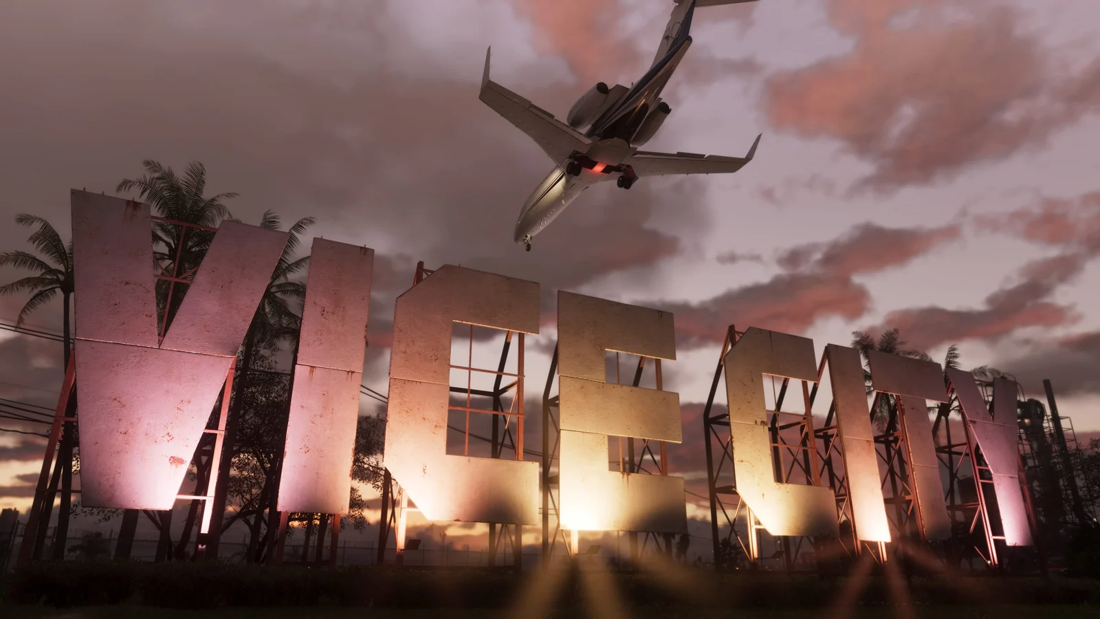 Vice City landmark sign and aircraft in an official GTA VI screenshot.
