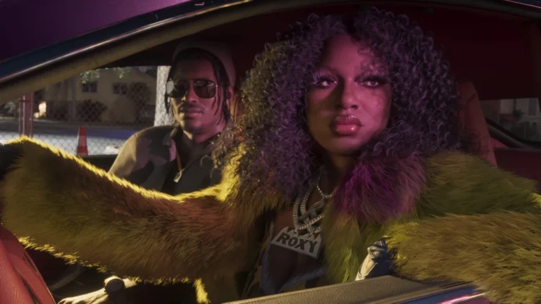 Roxy driving with Dre'Quan in the passenger seat in an official Grand Theft Auto VI screenshot by Rockstar Games.