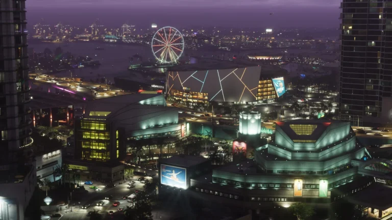 Sahara Arena building in Vice City in an official Grand Theft Auto VI screenshot by Rockstar Games.