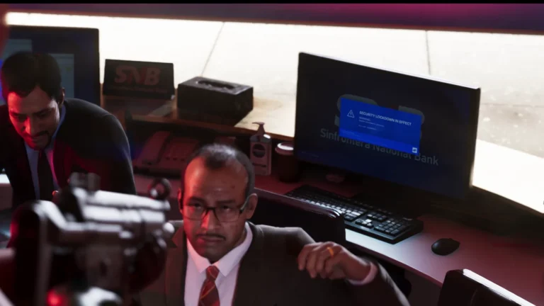 Sinfrontera National Bank name on a monitor in the official Grand Theft Auto VI Trailer 2 by Rockstar Games.