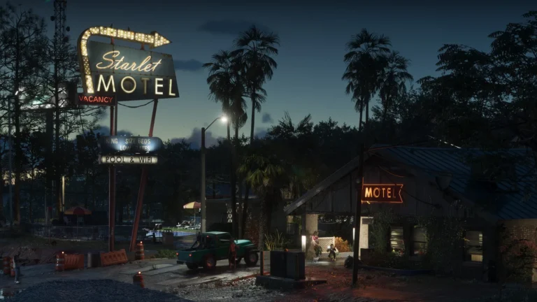 Starlet Motel and vacancy sign in Port Gellhorn in an official Grand Theft Auto VI screenshot by Rockstar Games.