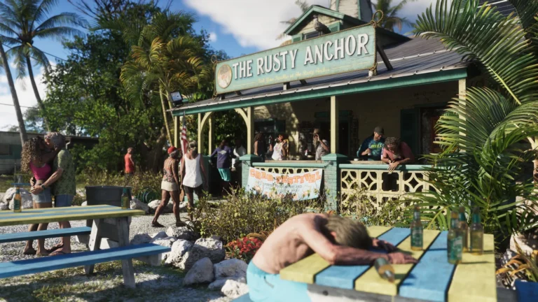 The Rusty Anchor sign above an outdoor venue in the Leonida Keys in an official Grand Theft Auto VI screenshot by Rockstar Games.