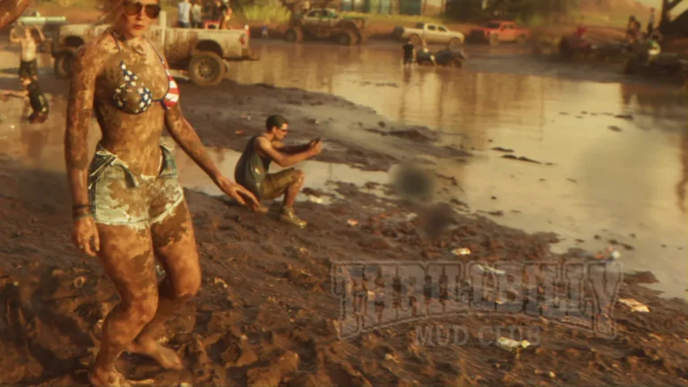 Thrillbilly Mud Club overlay at a mud gathering in the official Grand Theft Auto VI Trailer 1 by Rockstar Games.