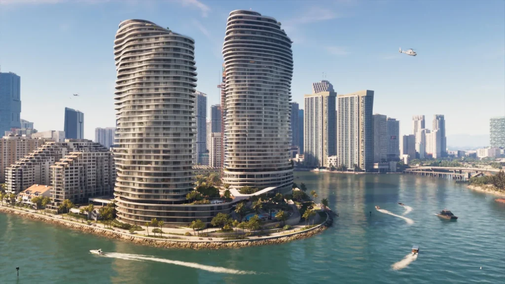 Vice City waterfront and skyline in an official GTA VI screenshot